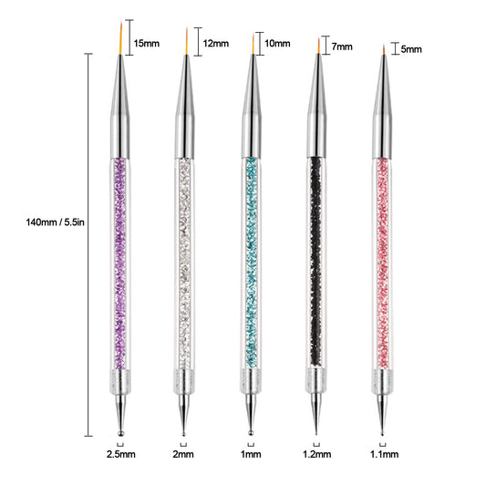 AIBEE Nail Art Brushes, 5pcs Double-Ended Acrylic Nail Brush Set with 5/7/10/12/15mm Nail Liner Brushes and Dotting Pens for French Nails
