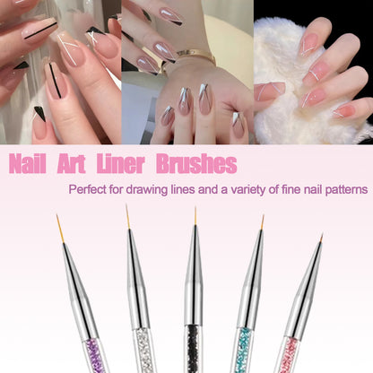 AIBEE Nail Art Brushes, 5pcs Double-Ended Acrylic Nail Brush Set with 5/7/10/12/15mm Nail Liner Brushes and Dotting Pens for French Nails