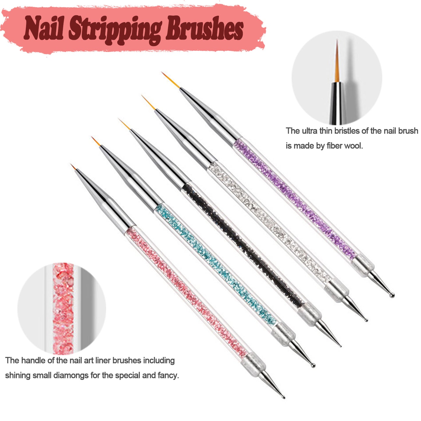 AIBEE Nail Art Brushes, 5pcs Double-Ended Acrylic Nail Brush Set with 5/7/10/12/15mm Nail Liner Brushes and Dotting Pens for French Nails