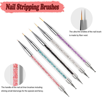 AIBEE Nail Art Brushes, 5pcs Double-Ended Acrylic Nail Brush Set with 5/7/10/12/15mm Nail Liner Brushes and Dotting Pens for French Nails