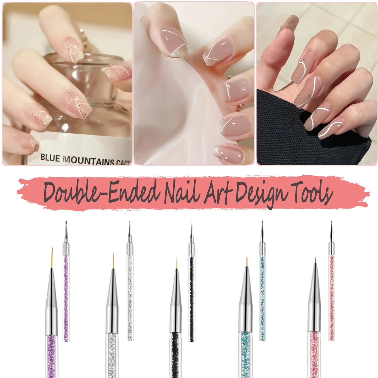 AIBEE Nail Art Brushes, 5pcs Double-Ended Acrylic Nail Brush Set with 5/7/10/12/15mm Nail Liner Brushes and Dotting Pens for French Nails