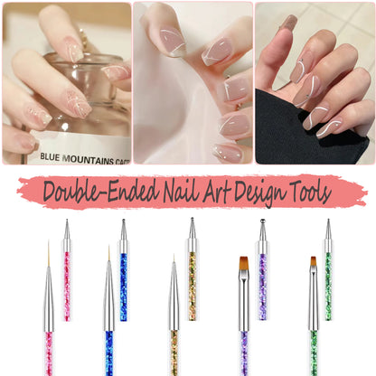 AIBEE Nail Art Brushes, 5pcs Double-Ended Acrylic Nail Brush Including 7/9/11mm Nail Liner Brush Flat Brushes and Nail Dotting Tools for Nail Art Design